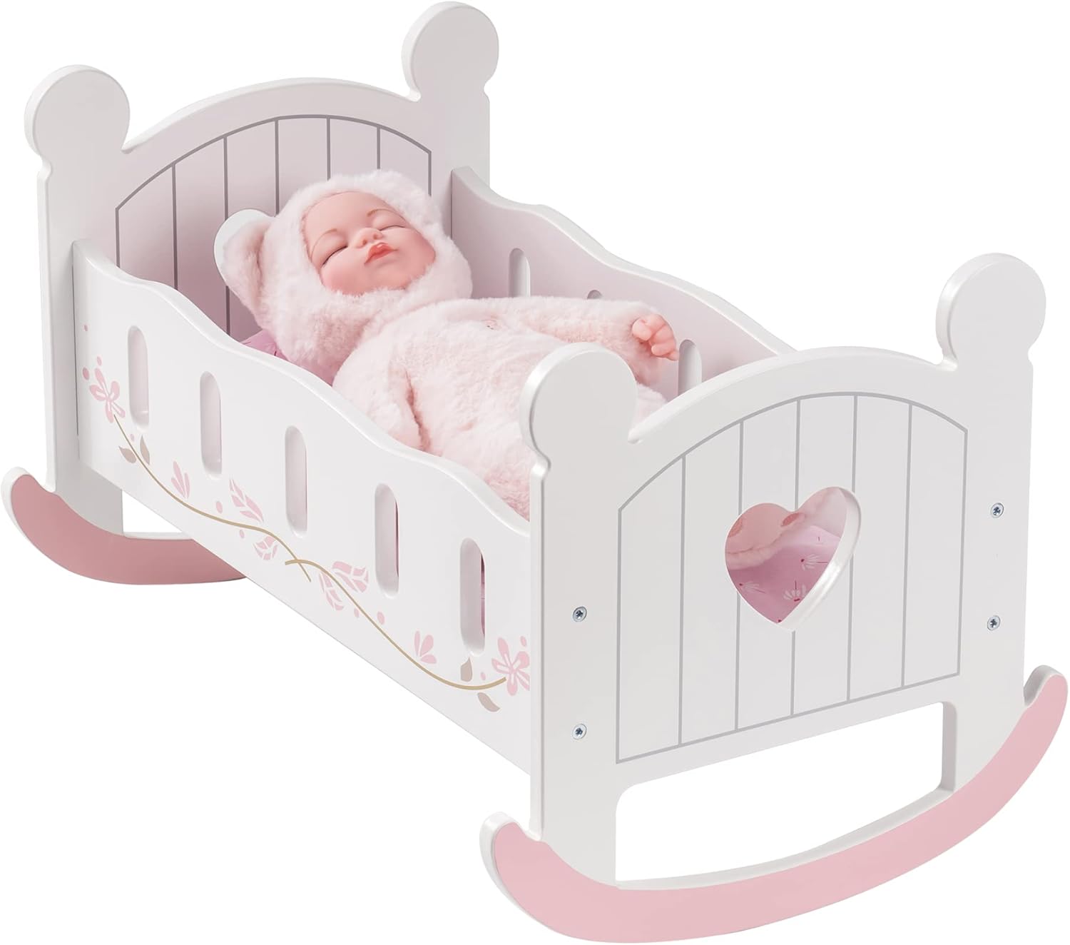 ROBOTIME Wooden Play Doll Cradle Rocking Baby Doll Crib, Reversible Doll Bedding for Toddler Girl,Fits Dolls Up to 20 Inches (White)