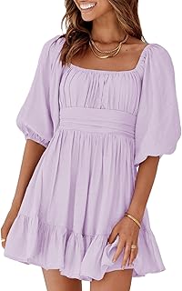 Dokotoo Womens Summer Dresses Square Neck Tie Back Lantern Sleeve Ruffle A-Line Casual Dress