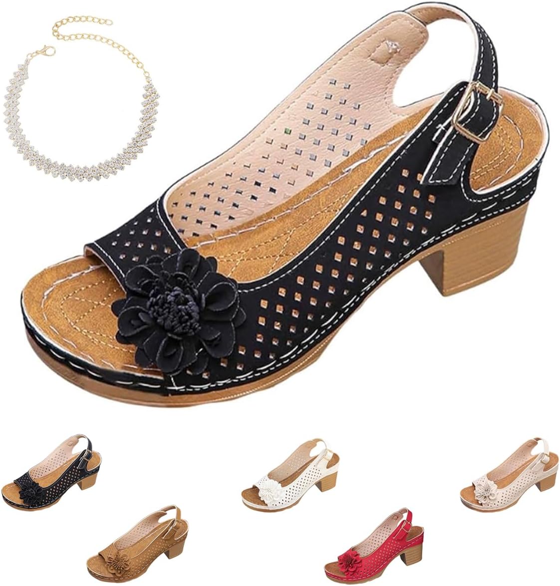 Buckled Square Heel Sandals for Women, Womens Peep Toe Slingback Low Chunky Heeled Dress Sandals Wedge Shoes