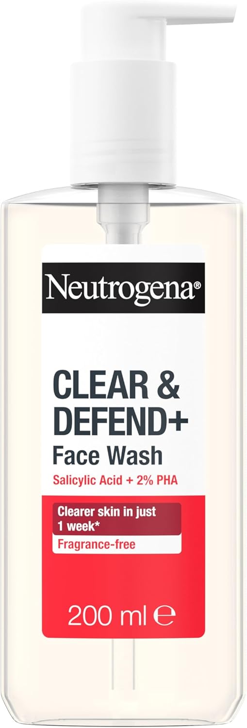 Neutrogena Clear & Defend+ Face Wash (1x 200ml), Purifying Facial Wash for Acne-Prone Skin with Salicylic Acid and AHA/PHA, Fragrance-Free Face for Spot-Prone Skin to Help Prevent Breakouts