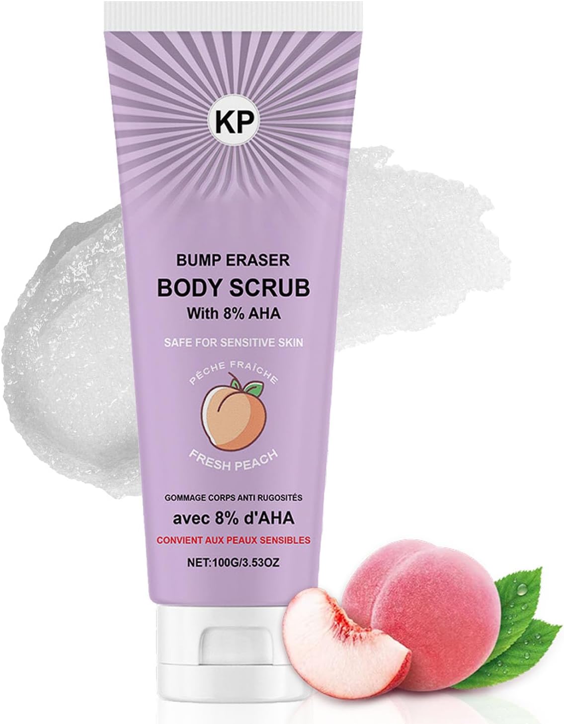 Peach Body Scrub with 8% AHA - Natural Exfoliating Body Scrub for Smooth Skin - Removes Dead Skin, Bumps & Ingrown Hairs - Deep Cleansing & Hydrating Bo-dy Exfoliator - Safe for Sensitive Skin - 100g