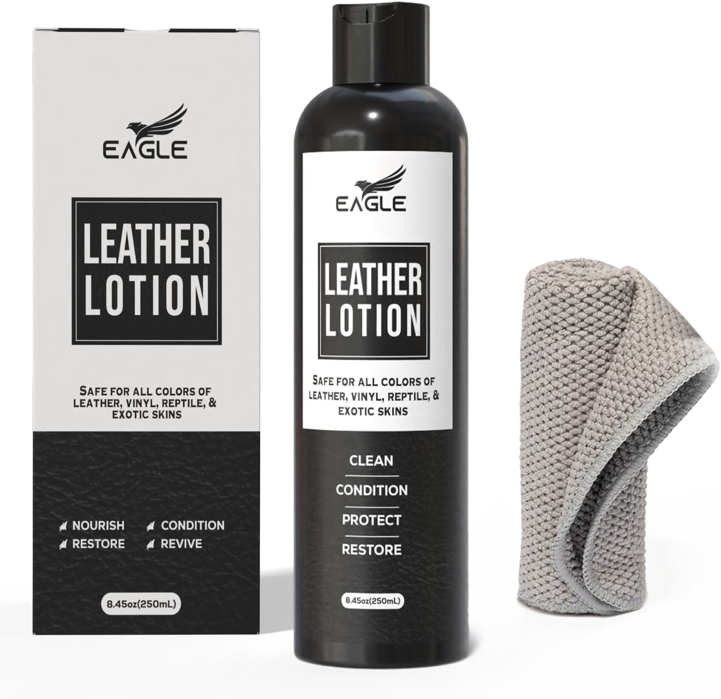 Leather Lotion – 8.5oz Leather Conditioner with Cloth for Boots, Jackets, Purses, Handbags & Bags – Lanolin & Natural Oils to Clean, Condition, Restore & Protect All Leather Colors
