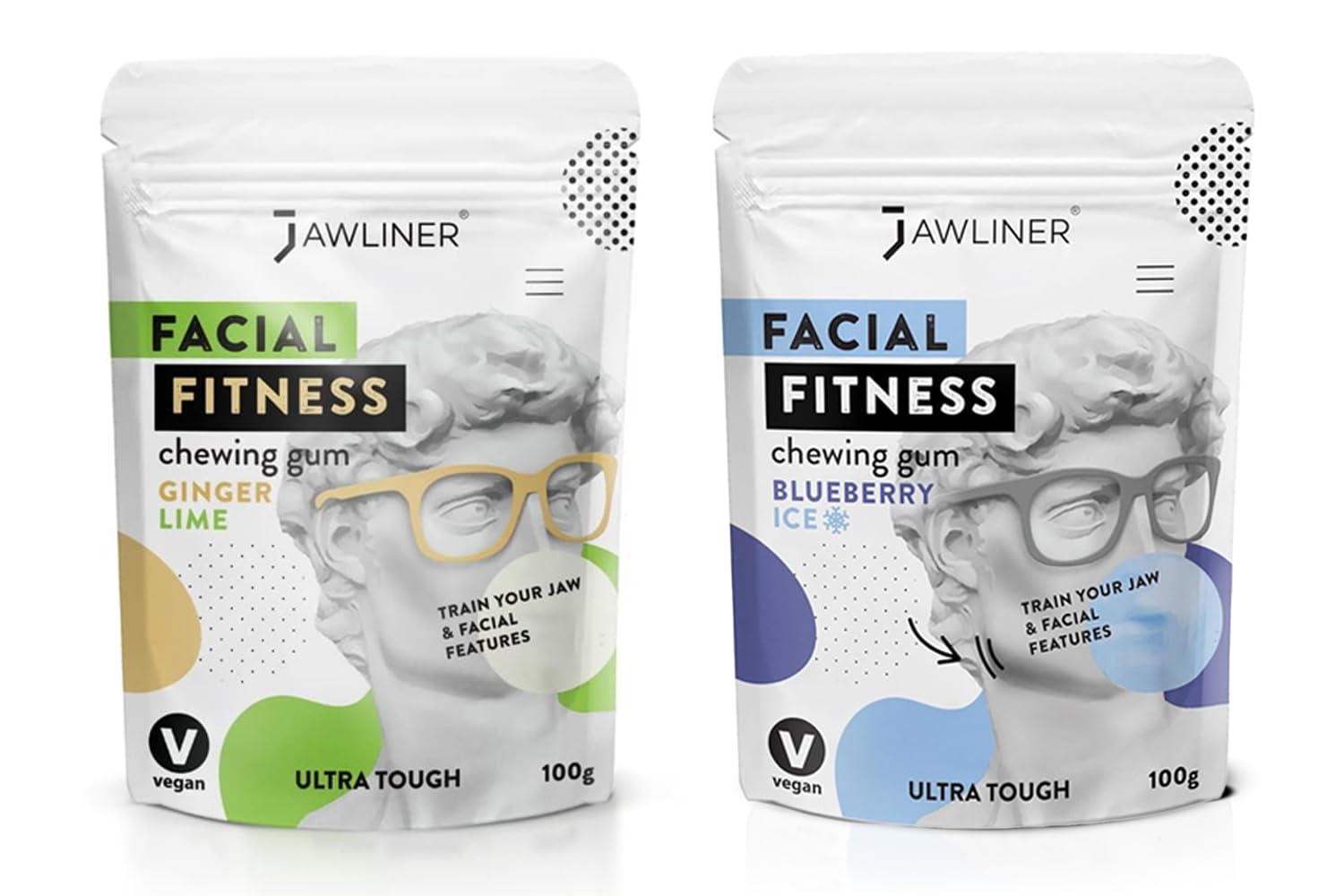 Jawliner Fitness Chewing Gum 15X Harder Jawline Gum Sugar Free Ginger Lime and Blueberry Jaw Gum Includes 12 Weeks Coaching - Jawline Exerciser for Shaping the Jaw (4 Months Pack of 2 Flavor)