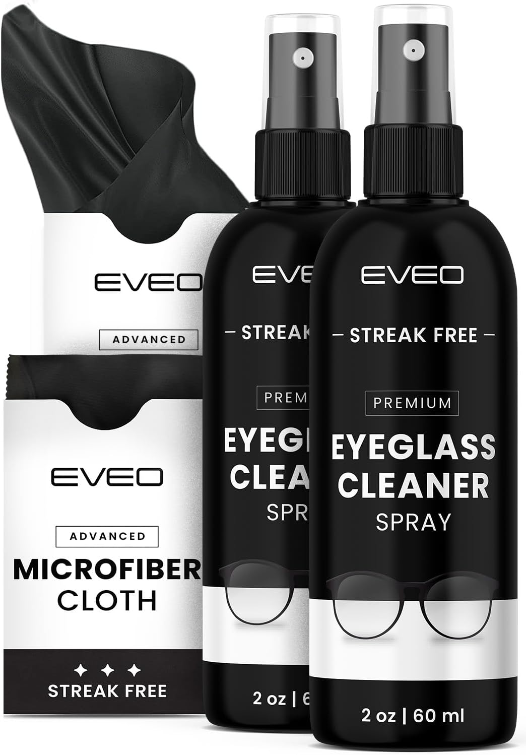 EVEO Eyeglass Cleaner Spray - Glasses Cleaner No Streaks Technology & Microfiber Cleaning Cloth - Glasses Cleaning Kit, Eye Glass Cleaners Spray Lens Cleaner - Screen & Eye Glasses Kit - 2 Pack
