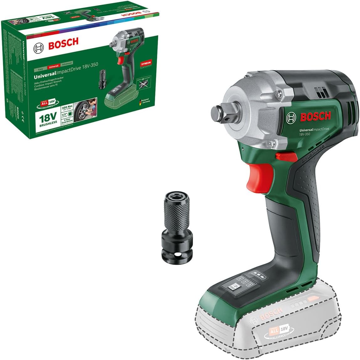 Bosch Cordless Impact Wrench UniversalImpactDrive 18V-350 (Powerful Tightening and Construction Fixing; Max. Torque: 350 Nm; Hex Adapter; 18 Bolt System; Without Battery)