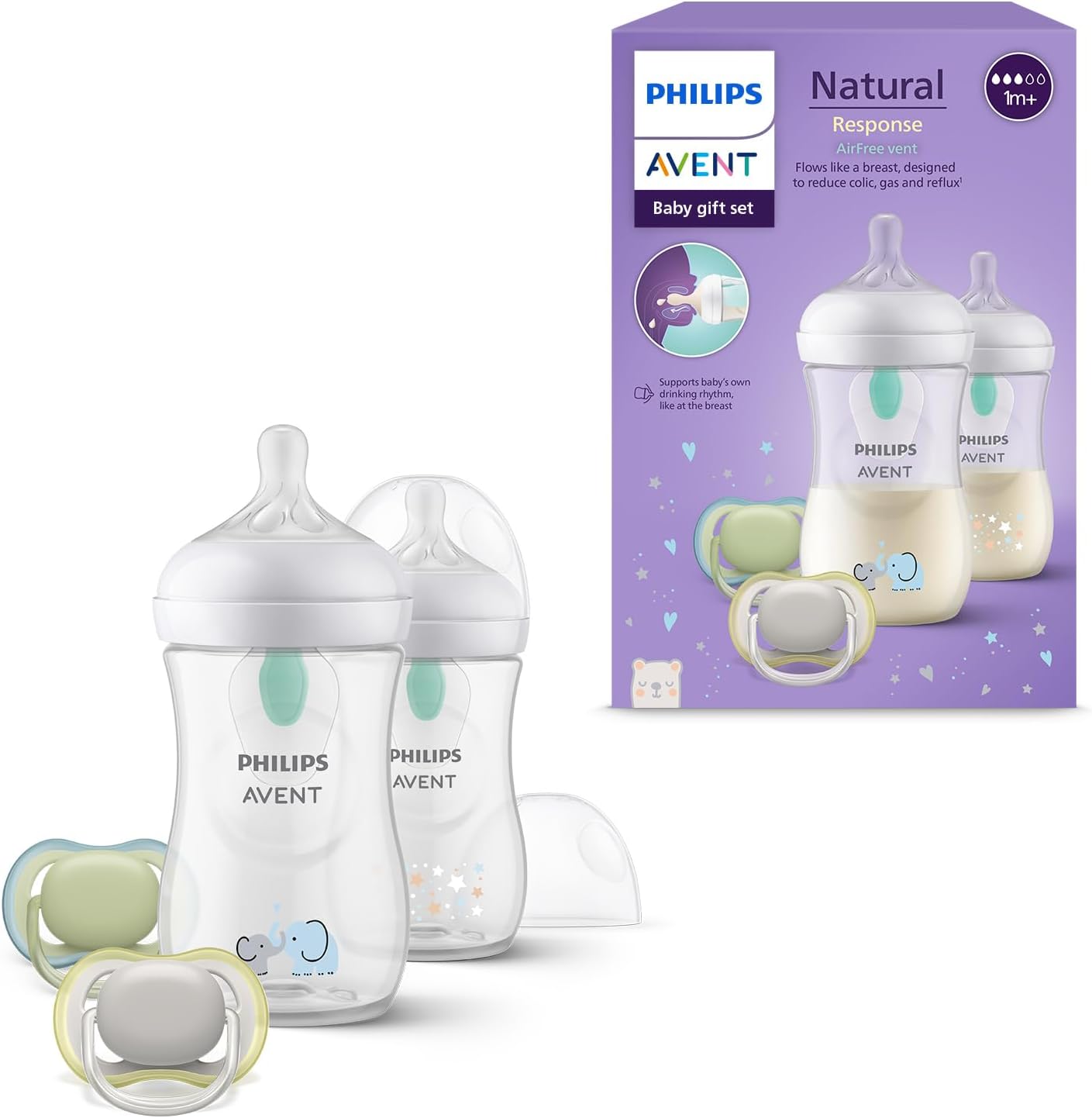 Philips Avent Natural Response Baby Gift Set: 2 Anti-Colic Bottles 260 ml with T3, 1 m+ Teats, 2 Ultra Air Soothers (Model SCD657/12)