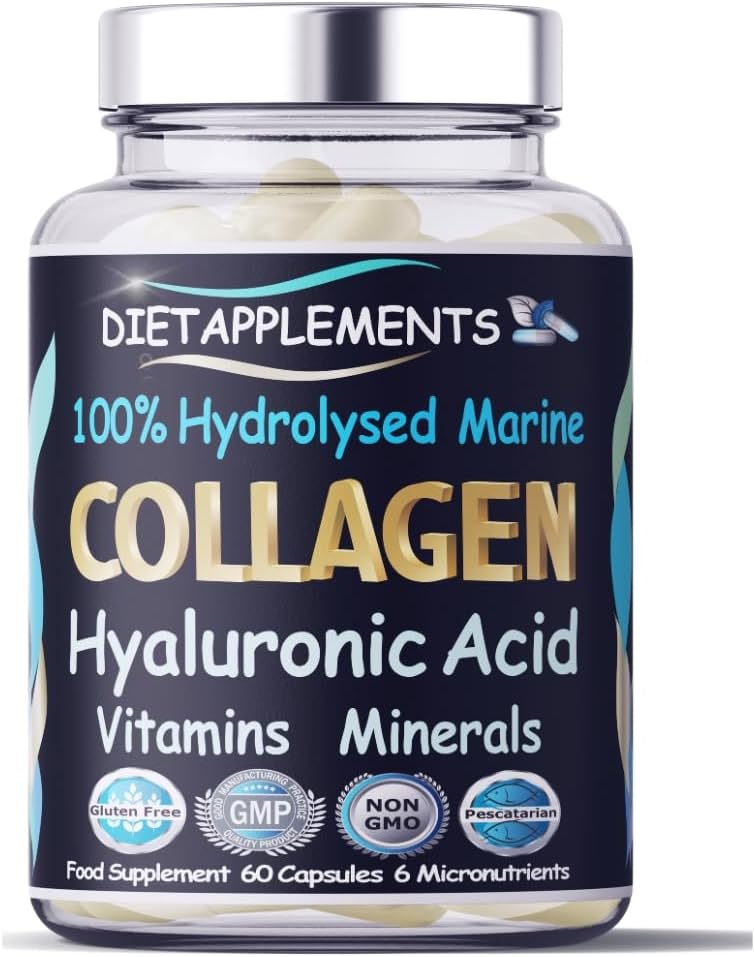 Marine Collagen Type 1&3 1000mg, Hyaluronic Acid 200mg/serving; Vitamin C, Zinc, Copper for Immune System; E, B2, Iodine. Hydrolyzed Peptides Supplement. Skin, Hair, Nails & Bones Support. 1 Bottle.