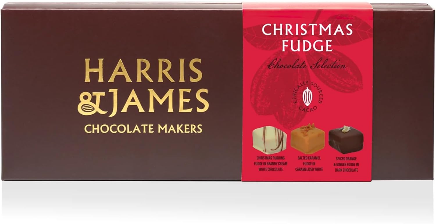 Harris & James Christmas Fudge 12 Piece Chocolate Selection Box. Handmade Luxury Chocolate Fudge, Christmas Pudding, Salted Caramel & Spiced Orange & Ginger