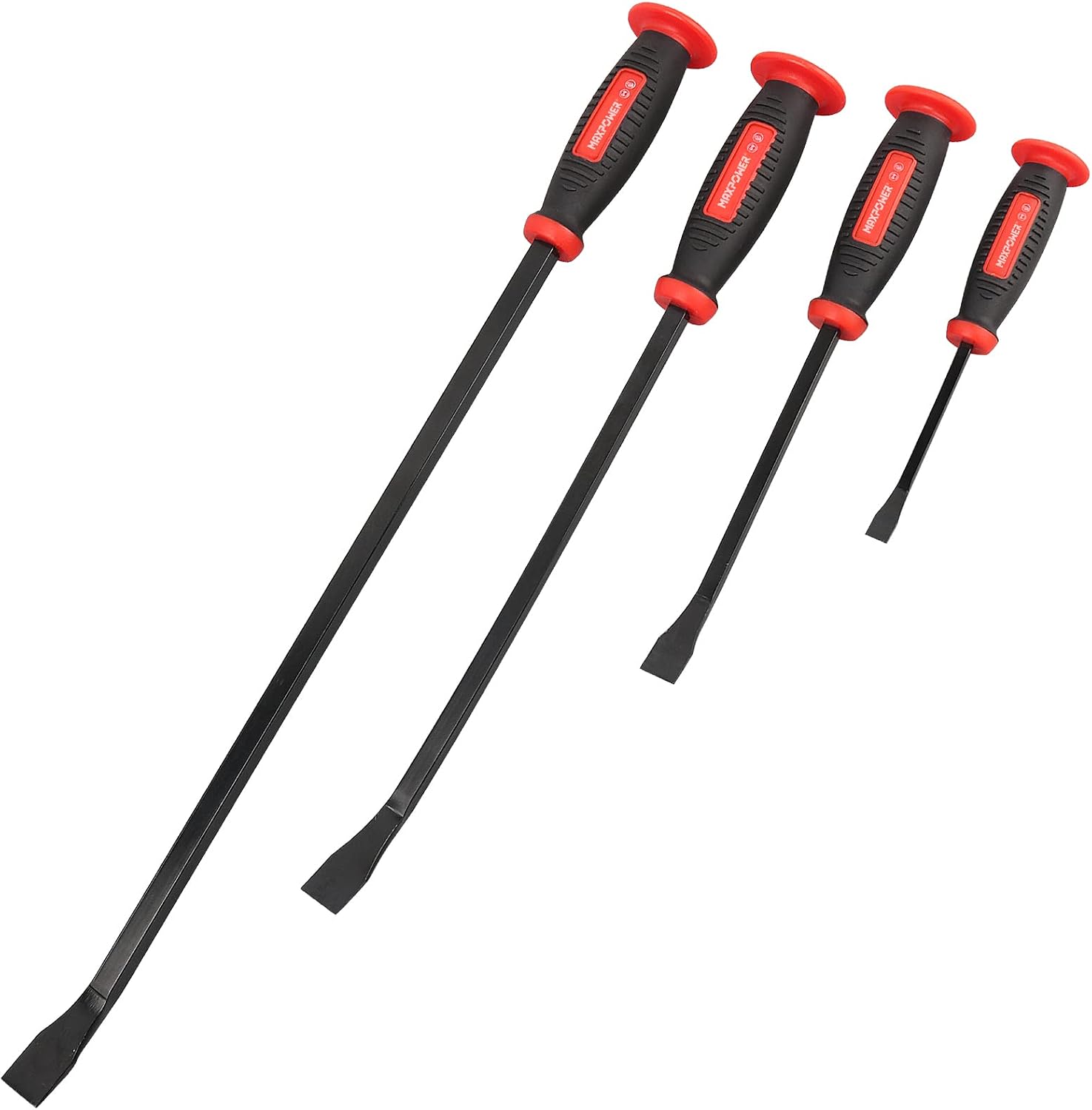 MAXPOWER Pry Bar Set, 4-Piece Heavy Duty Lever With Thicker Strike Caps and Angled Tip - Sizes Include 200mm, 300mm, 450mm and 600mm