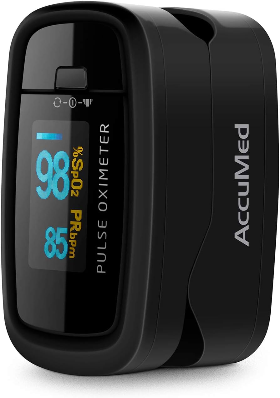 AccuMed CMS-50D1 Fingertip Pulse Oximeter Blood Oxygen Sensor SpO2 for Sports and Aviation. Portable and Lightweight with LED Display, 2 AAA Batteries, Lanyard and Travel Case (Black)