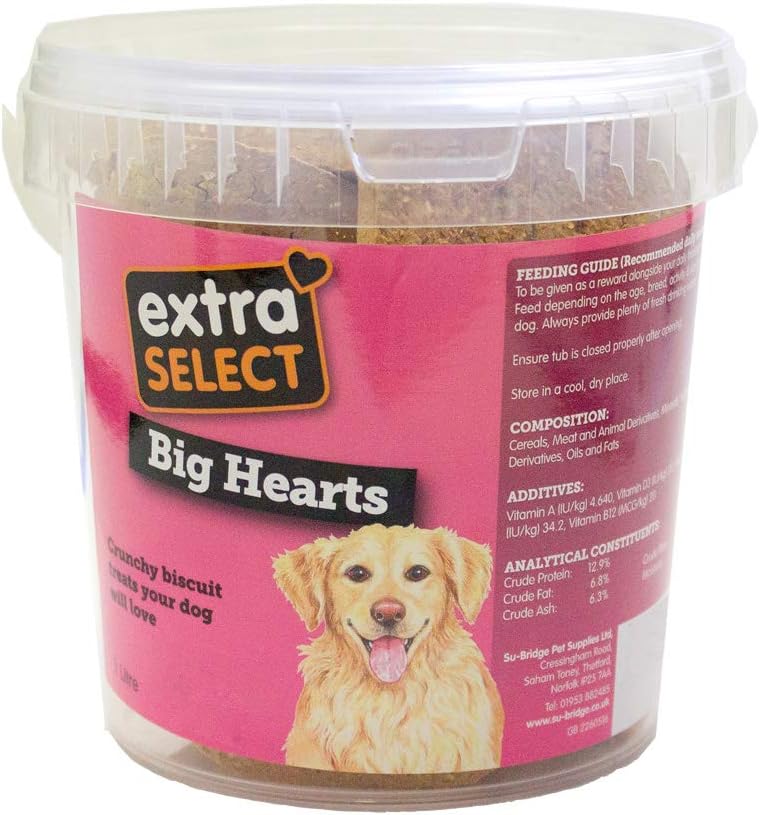 Extra Select Big Heart Shaped Dog Treat Biscuits in a 1ltr Bucket (approx 10 biscuits)