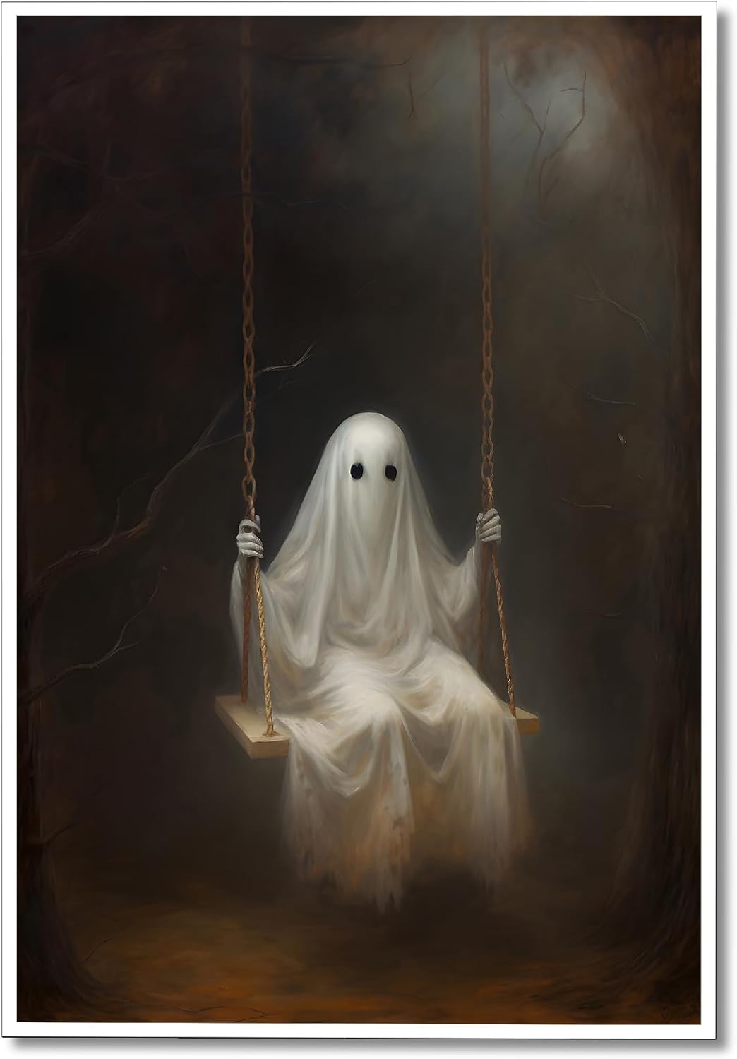 Osdfem Cute Halloween Ghost Canvas Wall Art, Funny Ghost on A Swing in The Forest Aesthetic Poster, Spooky Halloween Pictures，Gothic Dark Academia Wall Decor, 12x16in Unframed