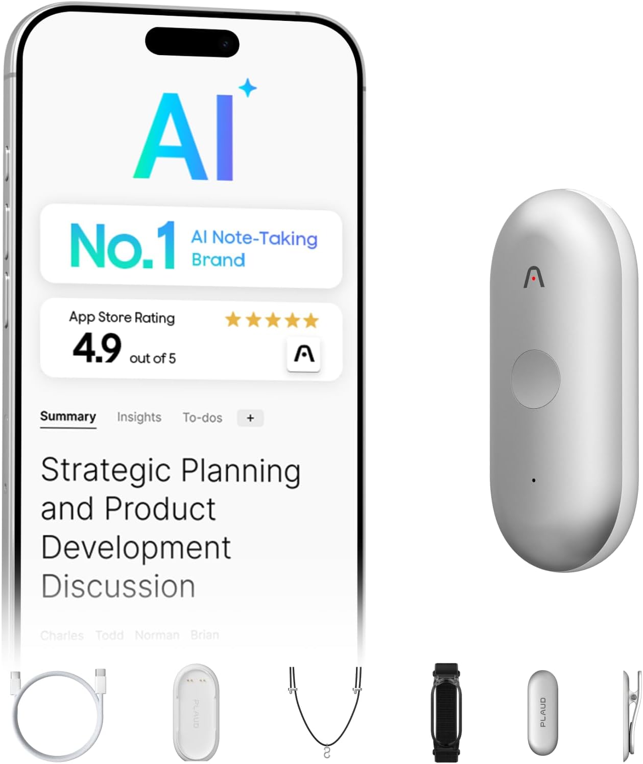 Plaud NotePin S AI Voice Recorder Tactile Record Button AI Transcription Summarization Digital Audio AI Note Taker for On the Go Meetings Interviews with 4 Accessories