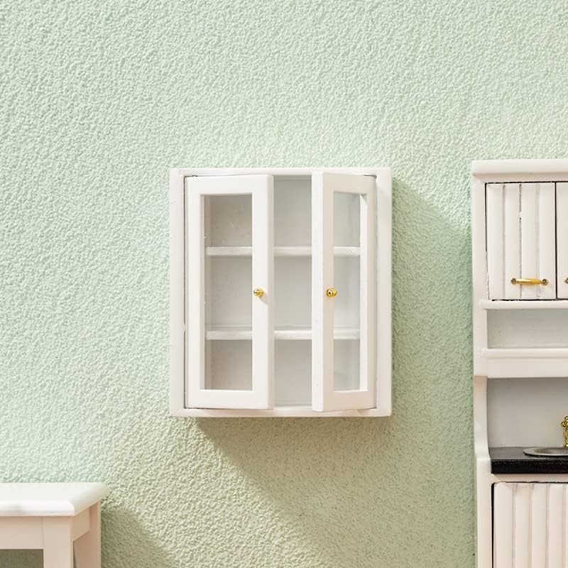 Dollhouse Wall Cabinet Wooden Miniature Cupboard 1:12 Scale Kitchen Furniture Dollhouse Hanging Cabinet Display Shelf Household Accessories Decor for Bathroom Living Room (White)