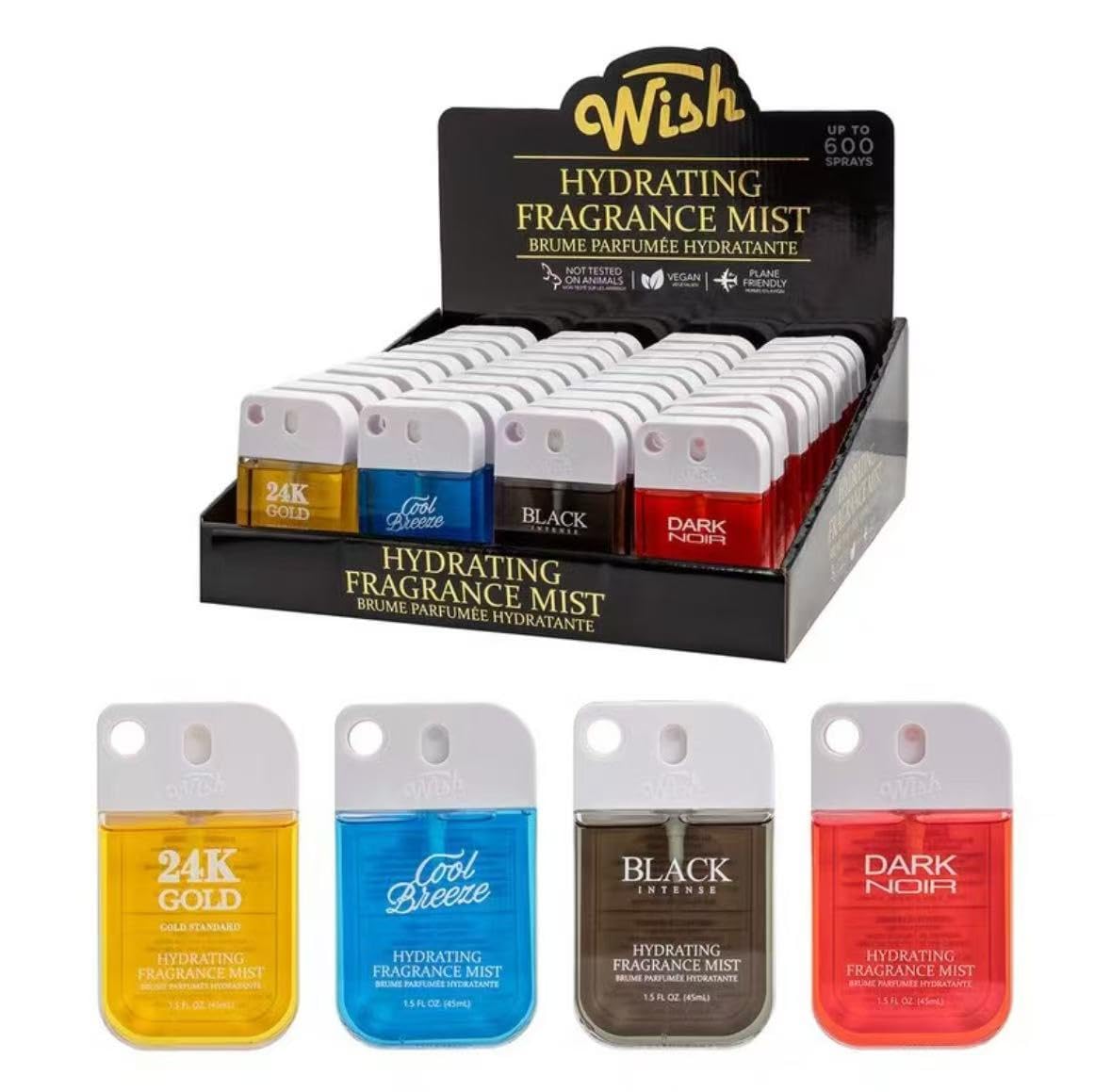 Wish Hydrating Fragrance Mist Brume Parfumee Hydratante Spary Travel Size Spray 4-Piece 1.5 FL OZ (45ML) Each,Dark Noir,24K Gold,BlackIntense,Cool Breeze (4 pack)