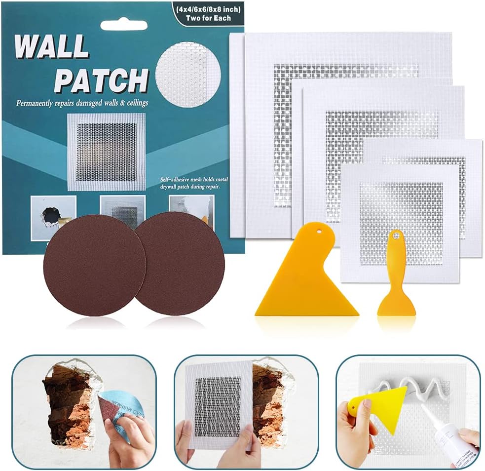 4" 6" 8" (Two of Each) Wall Repair Patch, Plasterboard Patch, Safe Mend Plaster Repair Kit, Safemend Drywall Repair Adhesive, Filler for Walls Ceiling Hole, Self Adhesive Aluminum Mesh Wall Repair