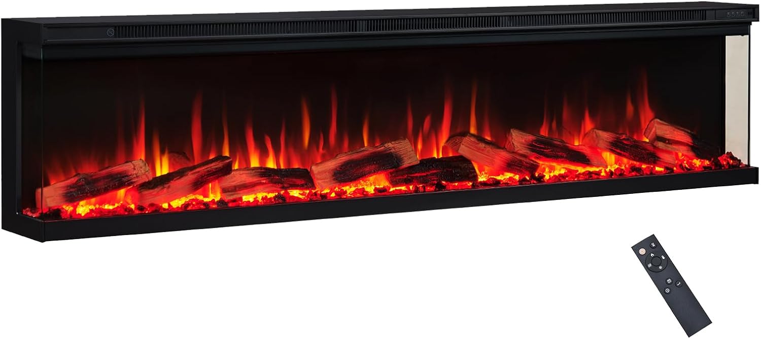 Leura with Premium Logs 183cm/70" 3 Sided view Electric Fireplace Wall Mounted or Recessed 9 Colour Flame Effect TV Compatible Media Wall Fire Heater 900W/1800W, Remote Control