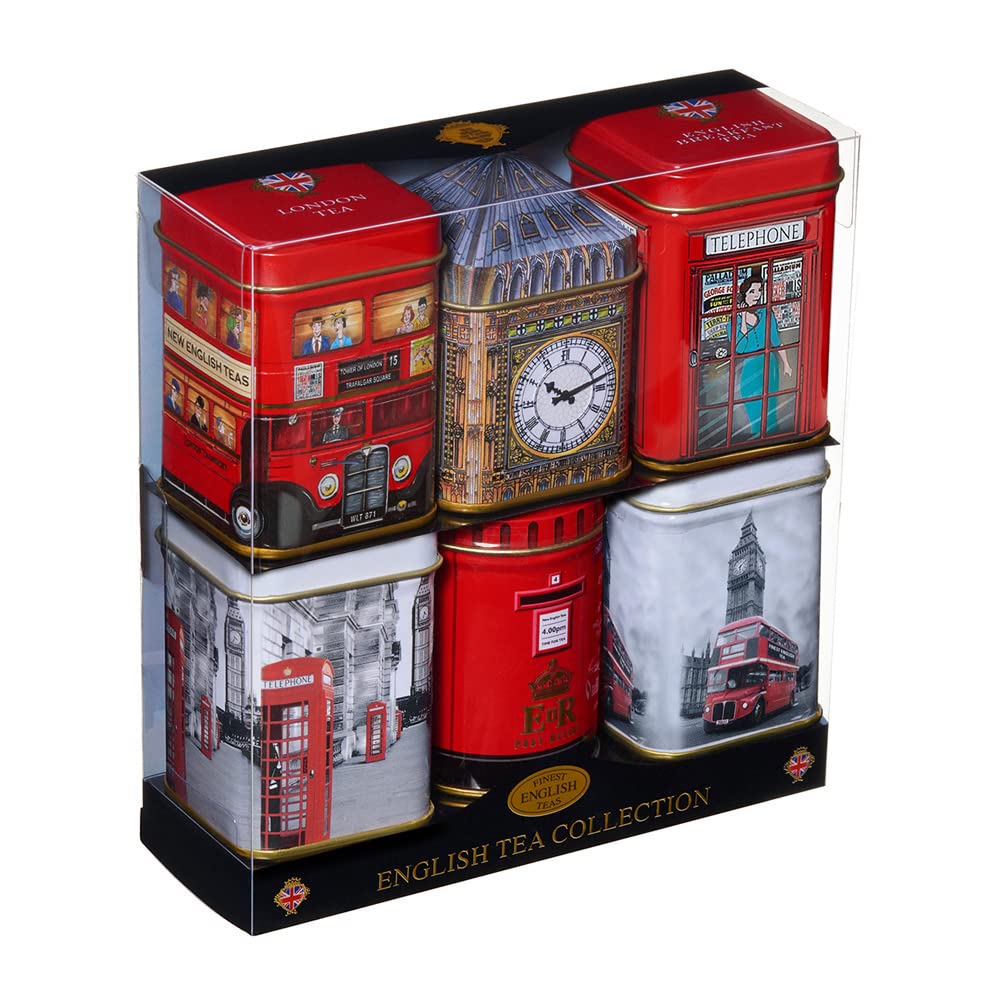 New English Teas Best of British Tea Collection - 6 Iconic London Tins Gift Set (Bus, Big Ben, Phone Box, Post Box) - 4.7oz Loose Leaf English Tea