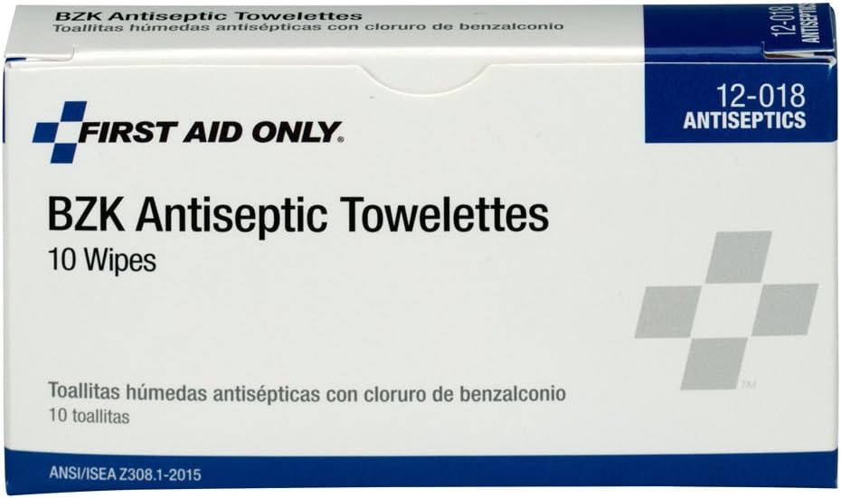 First Aid Only 12-018 Benzalkonium Chloride Wipes, Individually Wrapped, 10 Count