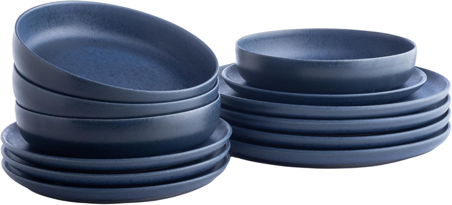 Porto by Stone Lain Macchio 12-Piece Premium Kitchen & Dining Dinnerware Set Stoneware, Blue Matte, Crafted in Portugal, Dishwasher and Microwave Safe Scratch-Resistant Dish Set for 4