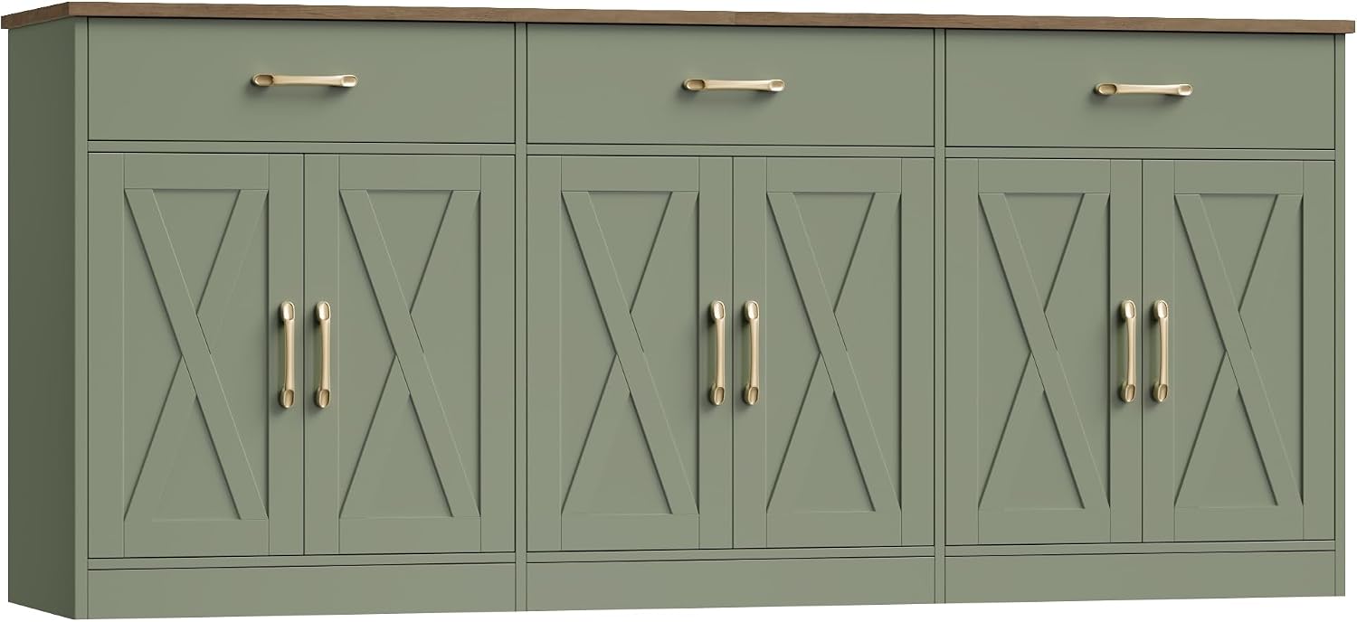 HOSTACK 71" W Kitchen Sideboard Buffet Cabinet with Storage, Green/Brown | Farmhouse Coffee Bar Cabinet with Wide Drawers, Large Buffet Table with Shelves, Long Kitchen Storage Cabinet for Dining Room