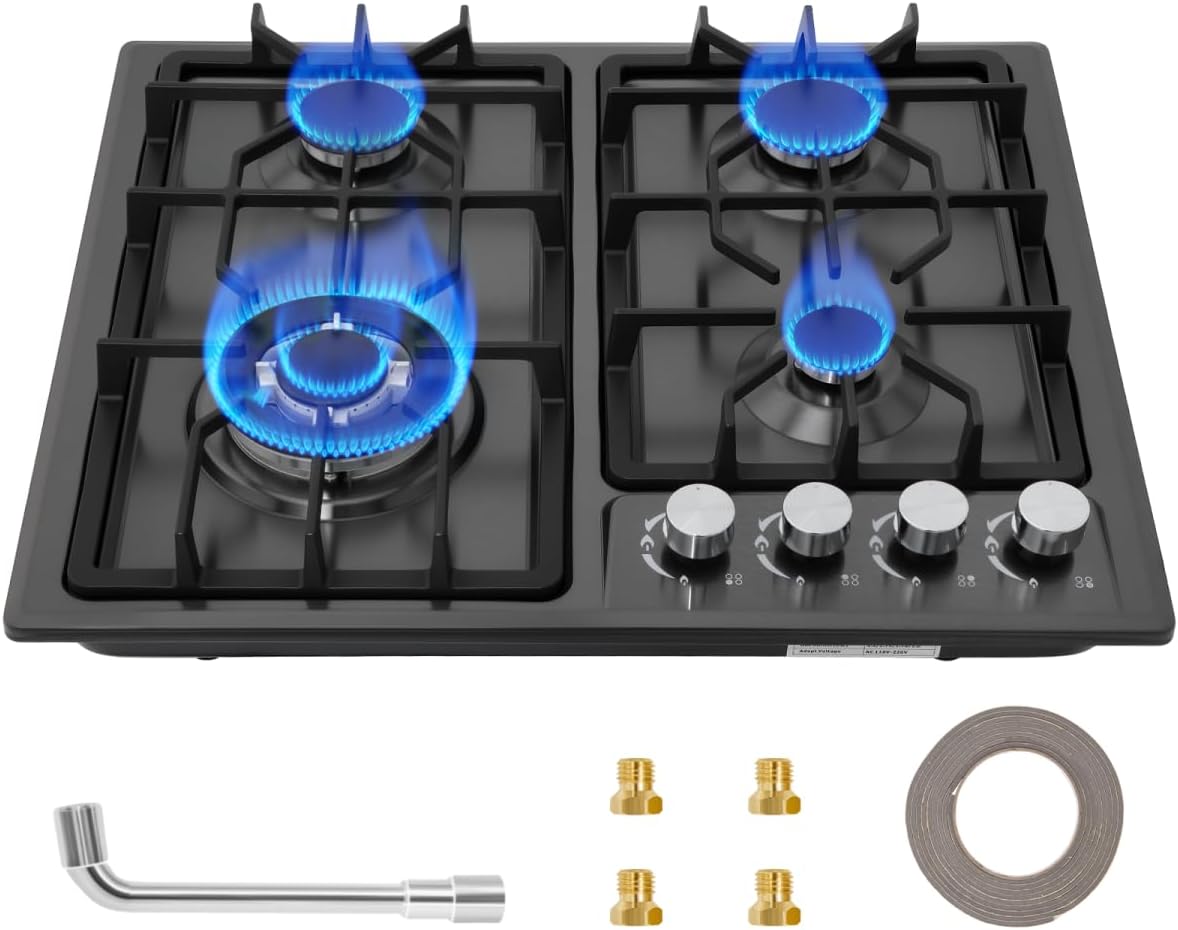 Gas Hob 60cm,Built-in Stainless Steel Gas Hob 4 burners with NG/LPG Conversion Kit,Thermocouple Protection and Easy to Clean