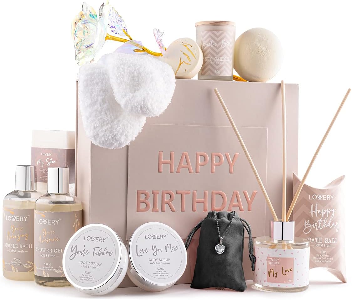 Birthday Gift Basket - Bath and Spa Gift Set for Women - Luxury Birthday Spa Gift Box with Vit E Rich Bath Essentials, Diffuser, Candle, Sterling Silver CZ Heart Necklace, 24k Flower Rose Gift & More
