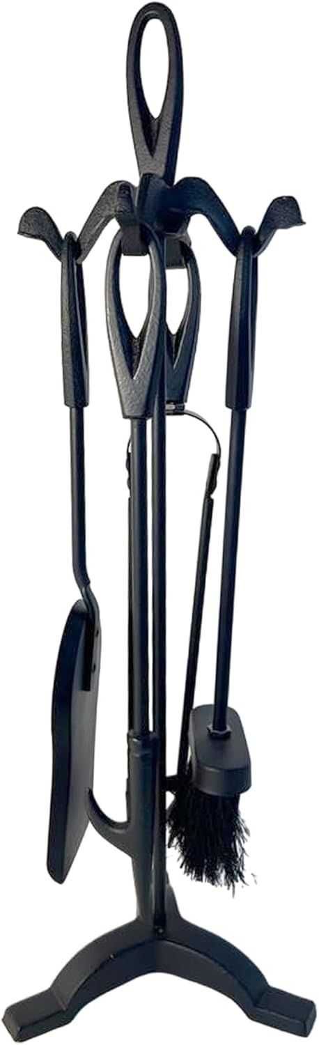 Metal matt Black Turn-Handled 5-Piece Fireside Companion Set | Fire Companion Sets | Includes Stand, Brush, Tongs, Poker, and Shovel | 47cm high | Wood Burner Set | Fireside Tools Accessories