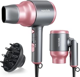 Wavytalk Portable Hair Dryer with Diffuser, Foldable Mini Hair Dryer with Lightweight Design, 1600W Small Hair Blow Dryer with Diffuser for Curly Hair Fast Drying, Rose Pink