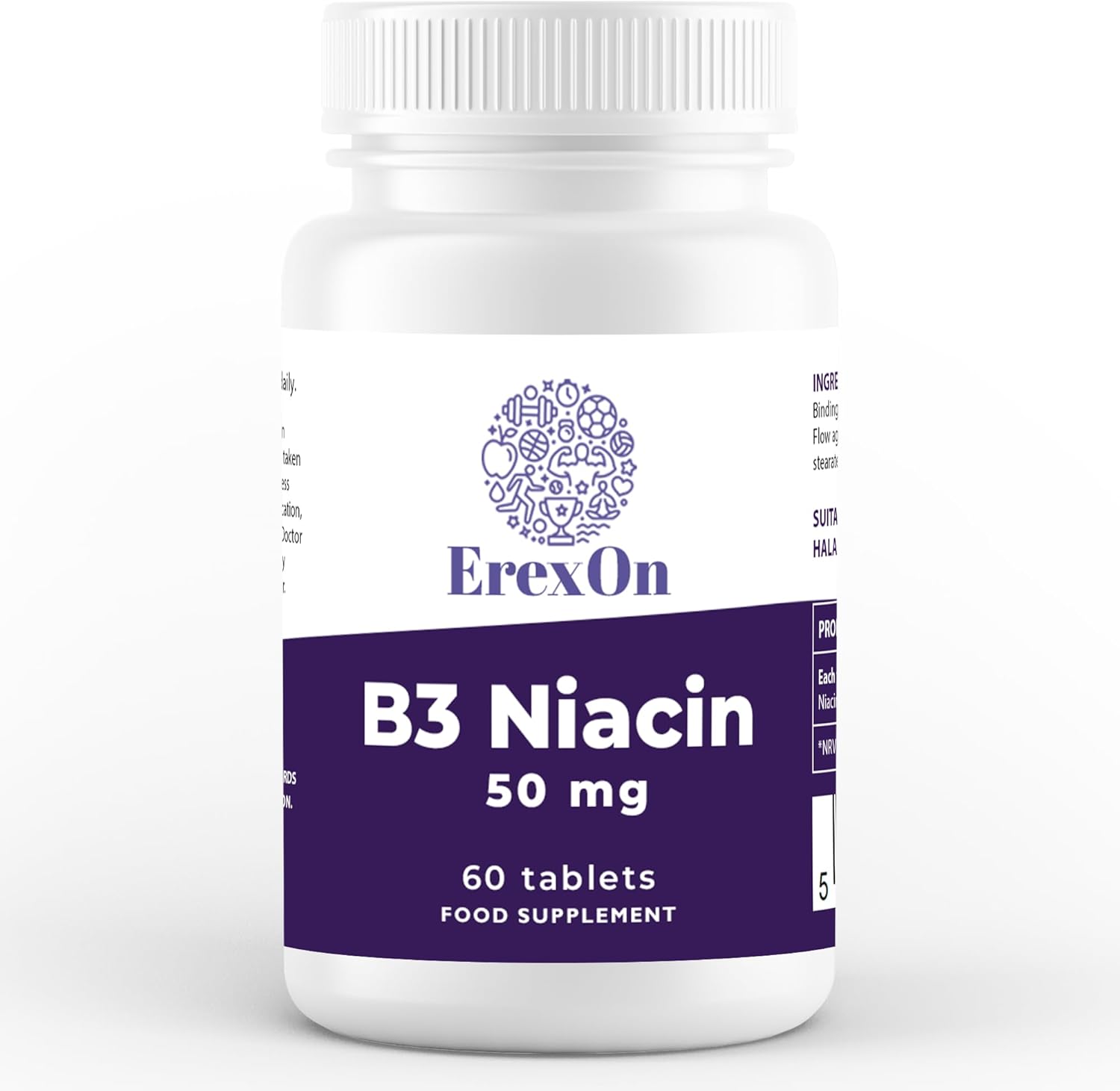 ErexOn Vitamin B3 | Niacin Supplement 50mg | 60 Vegan Tablets with Nicotinic Acid for Energy & Nervous System Health | UK Made