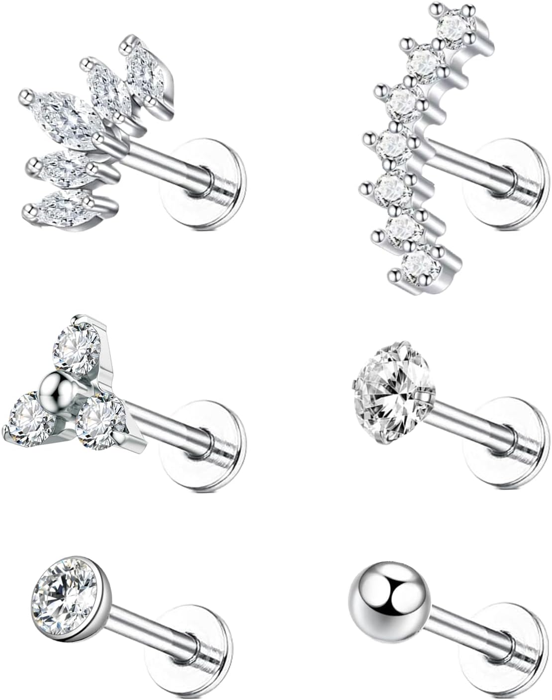 sawyofu Tragus Labret Studs Piercing Jewellery 6PCS 16G Stainless Steel Labret Lip Bars CZ Flat Back Cartilage Earrings Helix Conch Lip Nose Ear Piercing Studs Jewellery For Women Men(6MM)