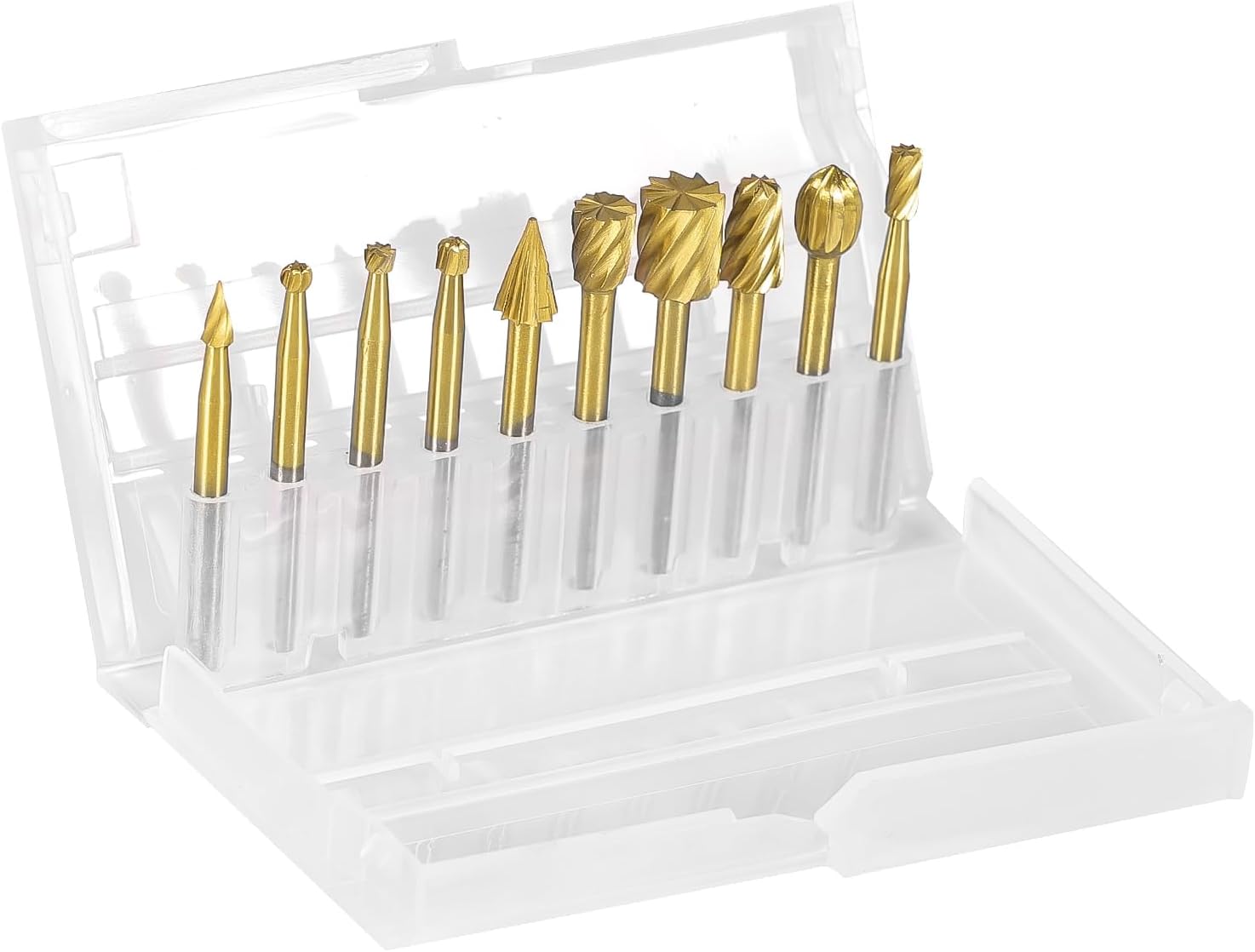 10 PCS Carving Bits HSS Rotary Drill Burr Set 1/8'' (3mm) Shank Wood Engraving Router Bit for Rotary Tool Accessories Rotary Tool for DIY Woodworking Carving, Engraving, Drilling (Gold)