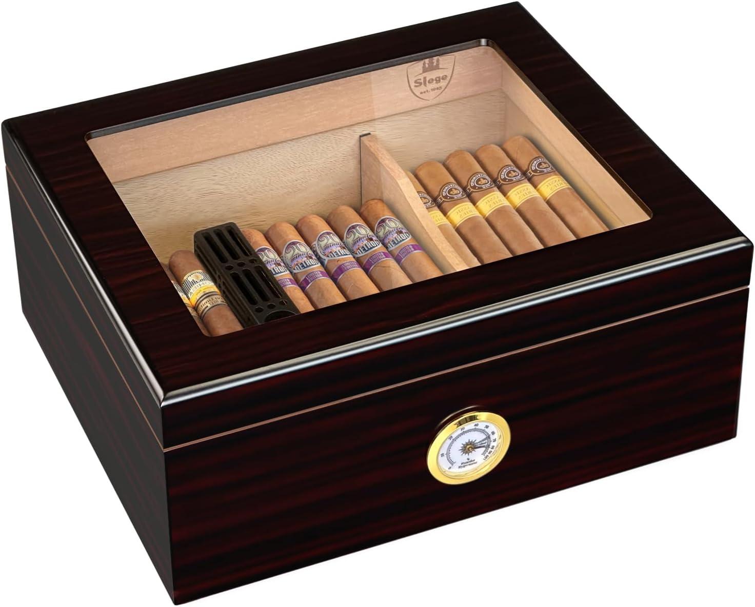 Slege Cigar Humidor,Humidor Cigar Box for Cuban Cigars,Glass-Top Humidor Spanish Cedar-Cigar Case,Humidifier,Divider,Hygrometer,Men's Gift,Cigar Accessories(30-50 Cigars)
