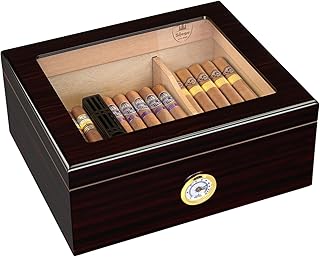 Slege Cigar Humidor,Humidor Cigar Box for Cuban Cigars,Glass-Top Humidor Spanish Cedar-Cigar Case,Humidifier,Divider,Hygrometer,Men's Gift,Cigar Accessories(30-50 Cigars)