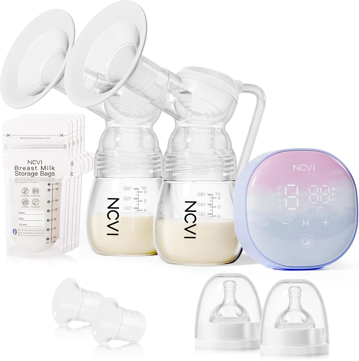 NCVI Double Electric Breast Pump 8122-1 with 4 Modes 9 Levels, Breastfeeding Pump with 21/24mm Flanges, Rechargeable Milk Pump Ultra-Quiet for Home & Travel, LED Touchscreen