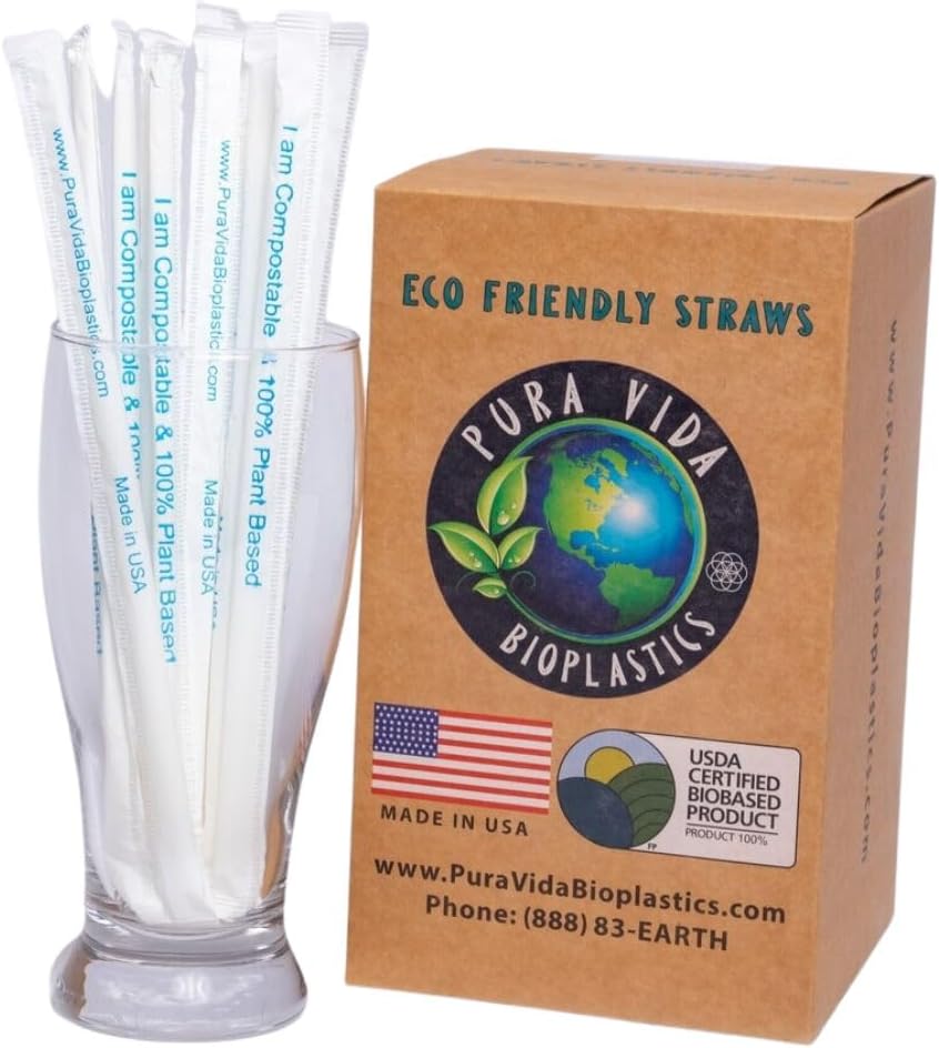 9.75"-250 ct Drinking Straw Wrapped Large Box |PVB| Eco-Friendly - USDA Certified 100% Biobased & Holds Up In Hot and Frozen Drinks & Certified Home Compostable & Dishwasher Safe & Reusable