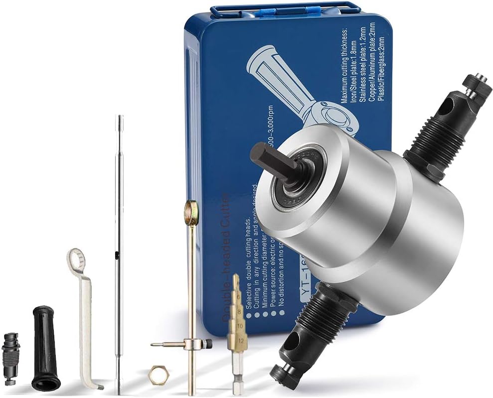 Double Head Sheet Nibbler Metal Cutter by FUJIWARA, Drill Attachment Metal Nibbler Tool Kit with Wrench and Extra Nibbler Parts (8 Pcs Set, Iron Tool Box) (8Pcs Set)