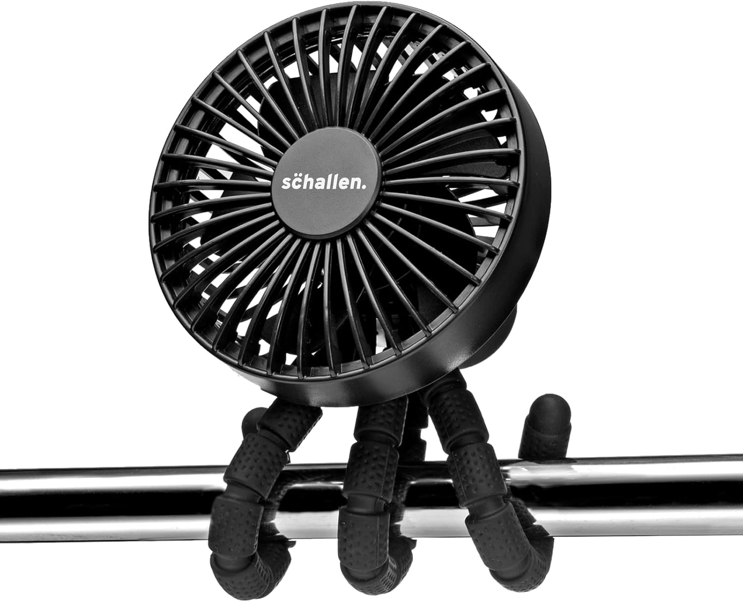Schallen Rechargeable 4 Way Portable Lightweight Fan for Pram Fan, Car Seat, Desk, Office, Travel Fans | Clip on, Handheld, Tripod & Phone Holder (Black)