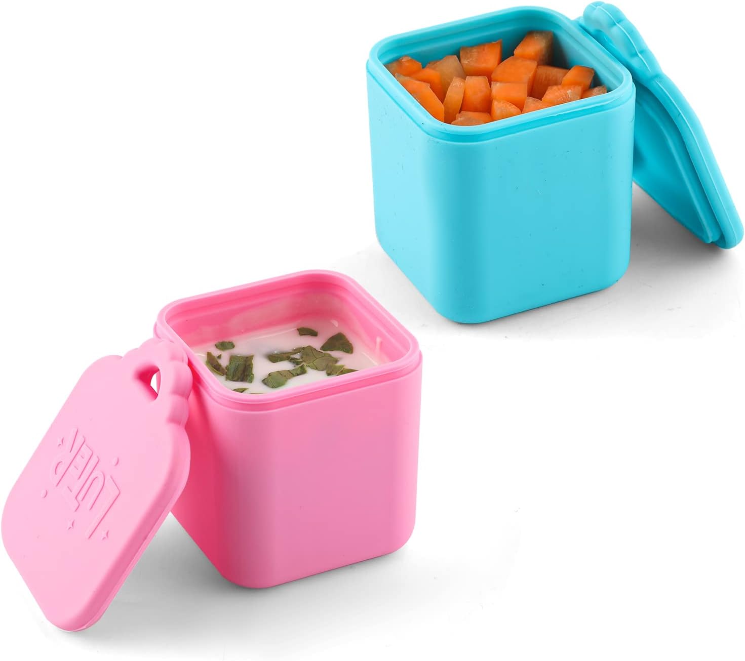 2PCS Dip Containers Compatible with OmieBox, 4oz Silicone Salad Dressing Container To Go for Most Bento Lunch Box Condiment Dipping Sauce Cups with Lids for Kids School Picnic Travel (Pink, Cyan)