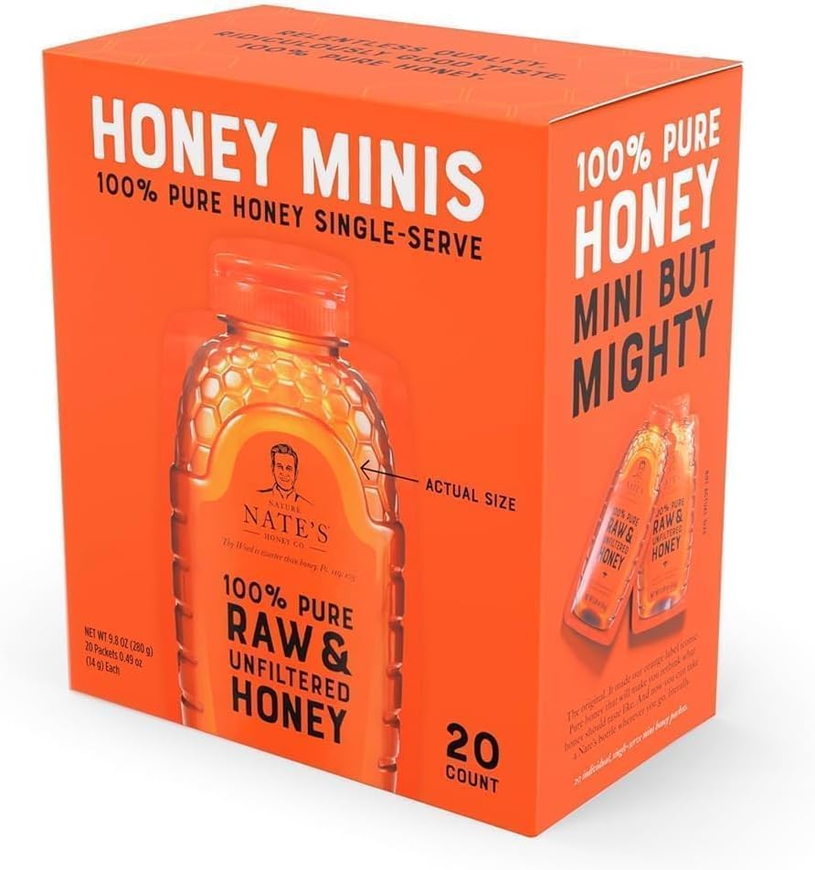 Nate's Honey Minis - Single-Serve 100% Pure, Raw & Unfiltered Honey – 0.49oz Packets, 20ct Box
