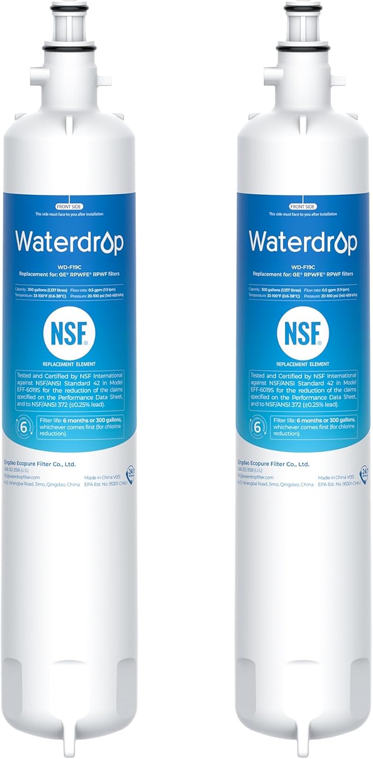 Waterdrop Replacement for GE® RPWFE®, RPWF (Built-in CHIP) Refrigerator Water Filter, Compatible with GFE28GYNFS, GFE28GELDS, PFE28KELDS, PFE28KYNFS, GFD28GELDS, PWE23KELDS, 2 Filters