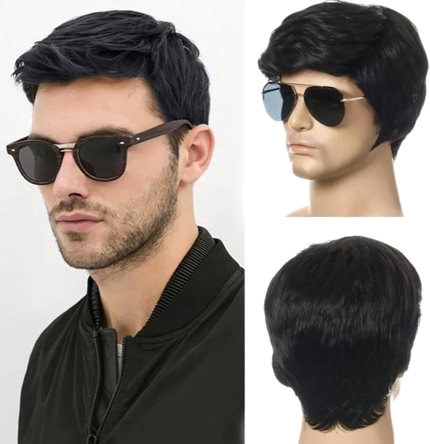 EDLMKM SShort Black WigFor Male, Synthetic Mens Wigs Short Hair, SShort Black Straight Wig for Men, Men's Wigz, Mens Short Wigg, Wigs for Men, Toupee Wig Menn, BBlack Hair Wigg, Hair Pieces for Menn