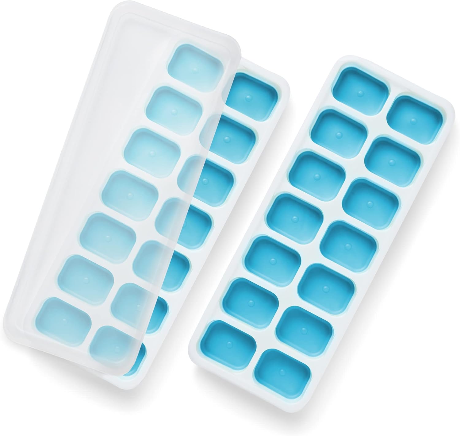 KEPLIN 2pk Silicone Ice Cube Trays with Non-Spill Lids, Easy to Remove Tray, LFGB Certified BPA Free, Flexible Silicone Ice Cube Moulds, Parties, Drinks, Cocktails & Frozen Liquids (2pk Blue)