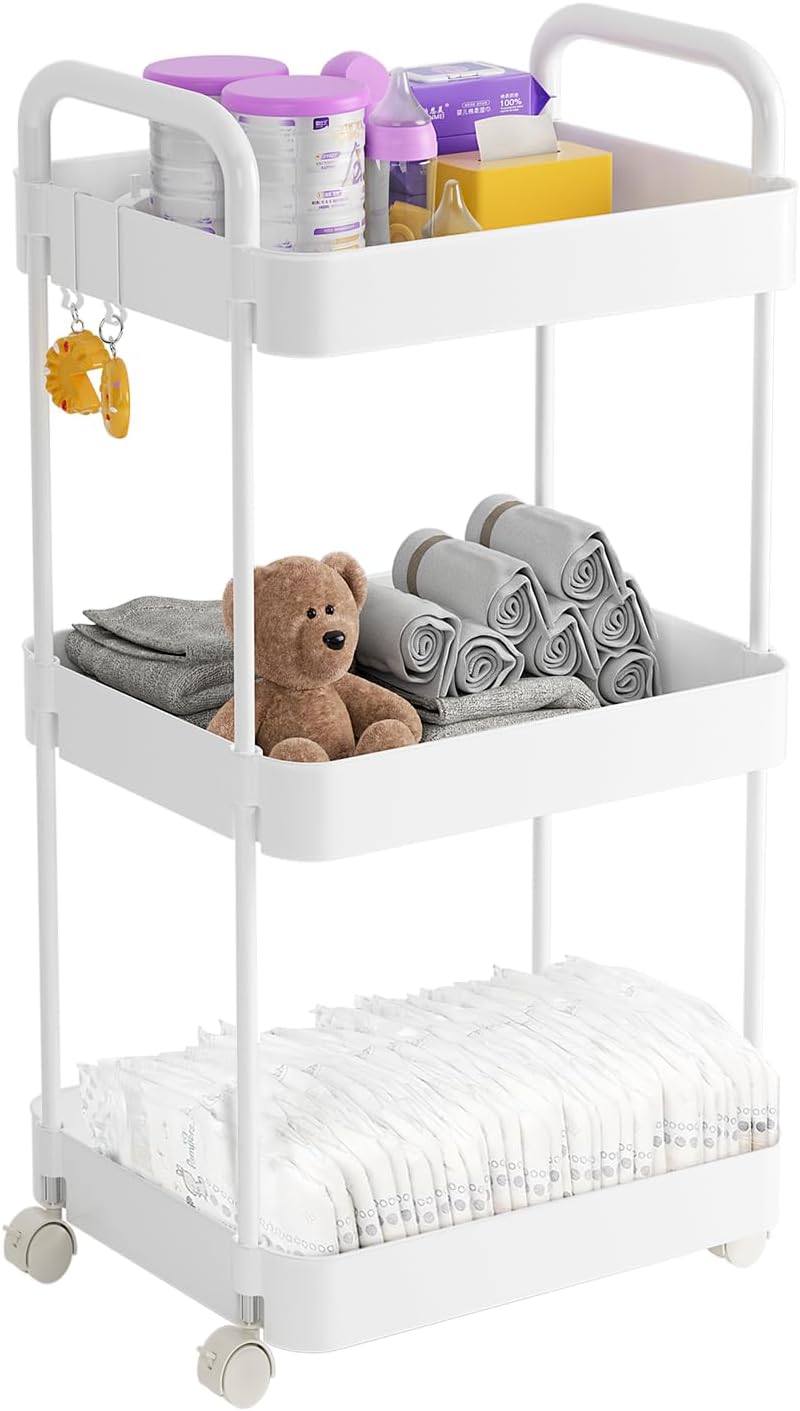 Baby Diaper Caddy Organizer, 3-Tier Movable Diaper Cart with Wheels, Newborn Essentials Must Haves, Diaper Caddy for Wipes & Baby Diapers, Baby Registry Search - Plastic White
