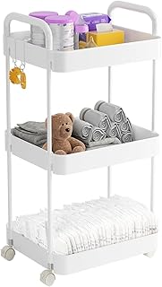 Baby Diaper Caddy Organizer, 3-Tier Movable Diaper Cart with Wheels, Newborn Essentials Must Haves, Diaper Caddy for Wipes & Baby Diapers, Baby Registry Search - Plastic White