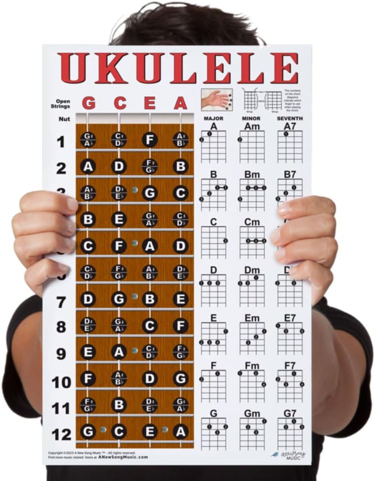 Laminated Ukulele Fretboard Notes & Easy Beginner Chord Chart 11"x17" Instructional Poster for Soprano Concert Tenor Uke by A New Song Music