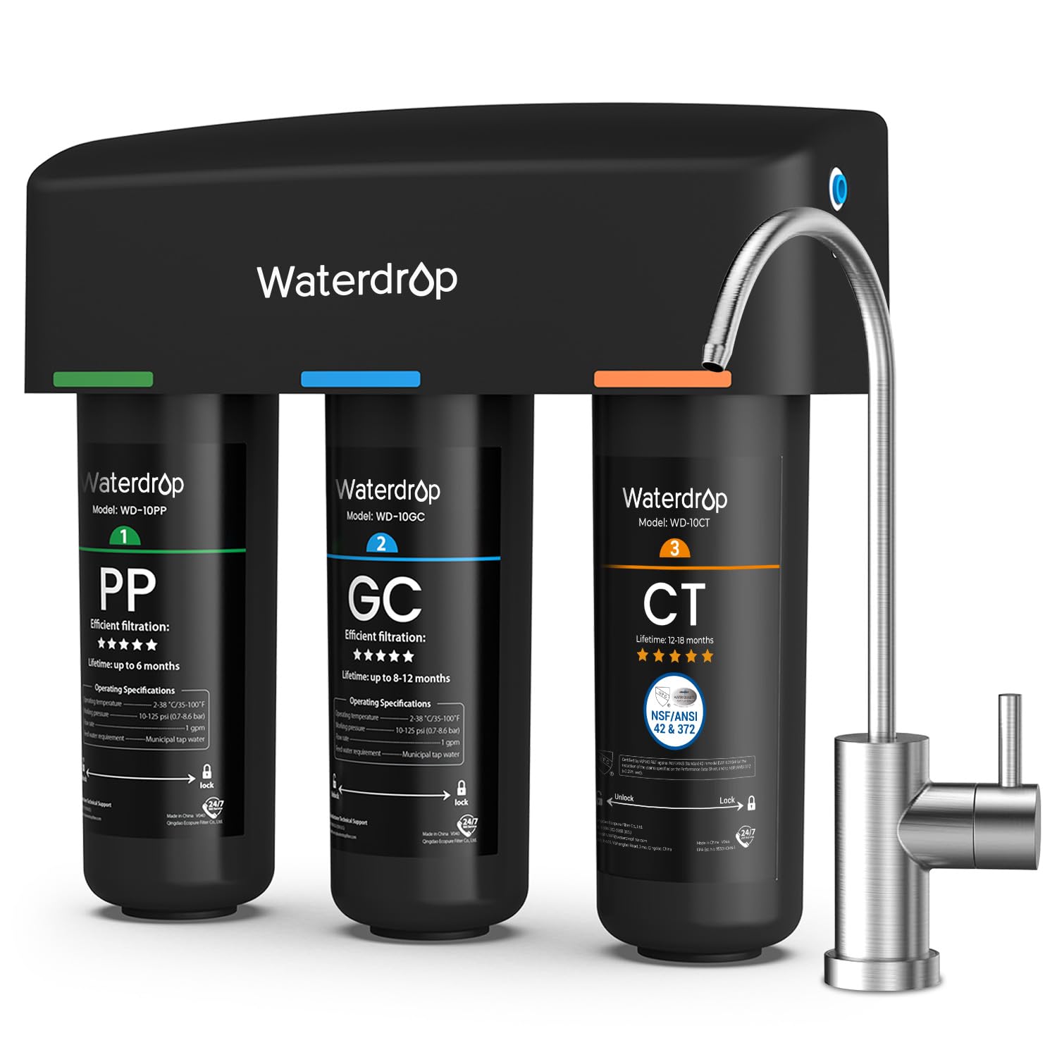 Waterdrop TSB 8 Layer Under Sink Water Filter, Reduces PFAS, PFOA/PFOS, Fluoride, Chlorine, Bad Taste & Odor, with Dedicated Faucet, NSF/ANSI 42 Certified Element, USA Tech Water Filtration System