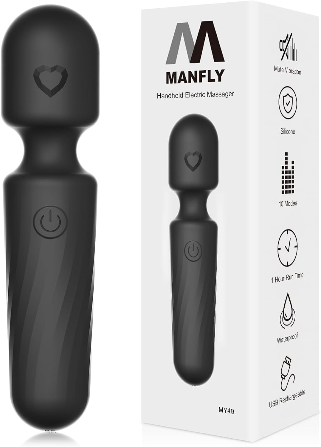 MANFLY Portable Electric Travel Massager, 10 Modes Powerful Mini Handheld Muscle Massage Tool (Black)
