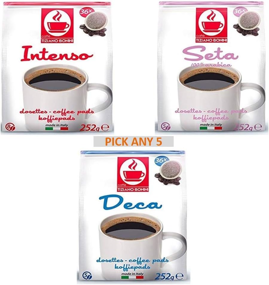 Bonini Coffee Pods, Senseo Compatible Pods. Pick Any 5 Packs (Each Pack 36 pods) from 3 Different Flavours Inc. Decaf, Intense, Seta (Total 180 Pods) - 100% Italian Coffee
