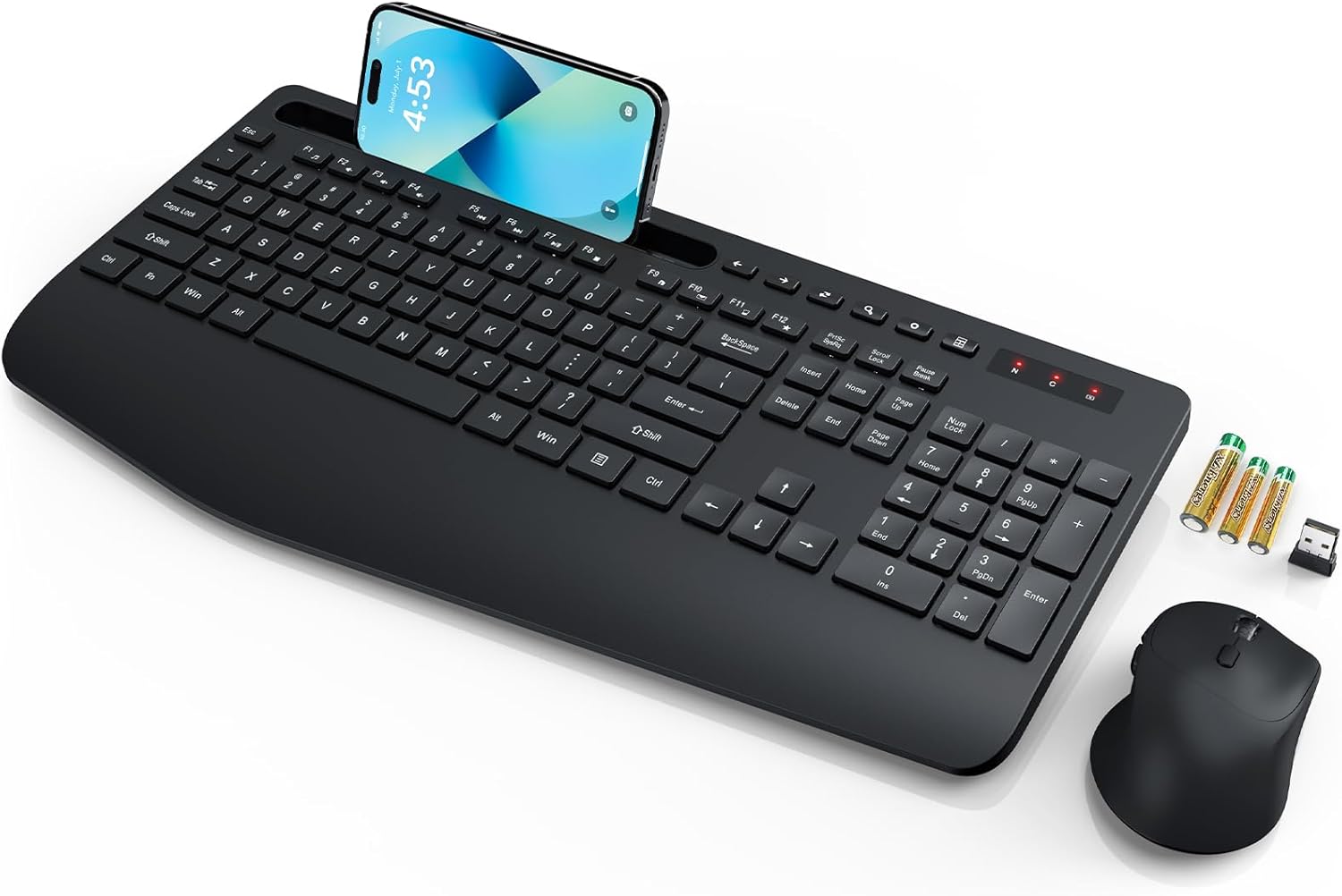 Wireless Keyboard and Mouse, Wrist Rest, Phone Holder, Batteries Included, 2.4G Lag-Free Ergonomic Keyboards Mouse Combo, Silent Keyboard Cordless Set for Computer, Laptop, PC, Mac, Windows -SABLUTE